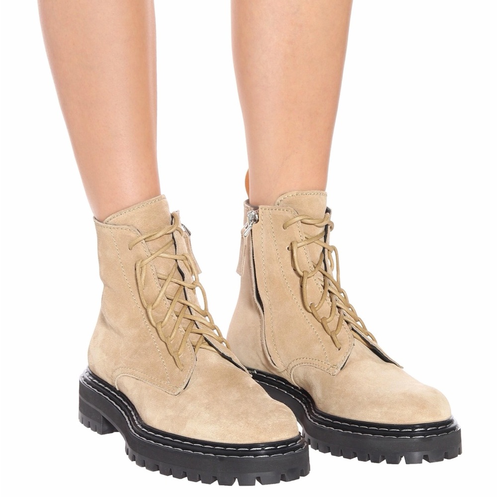 Proenza Schoulder Jordyn Lug Sole Cream Suede Leather Lace Up Boots
